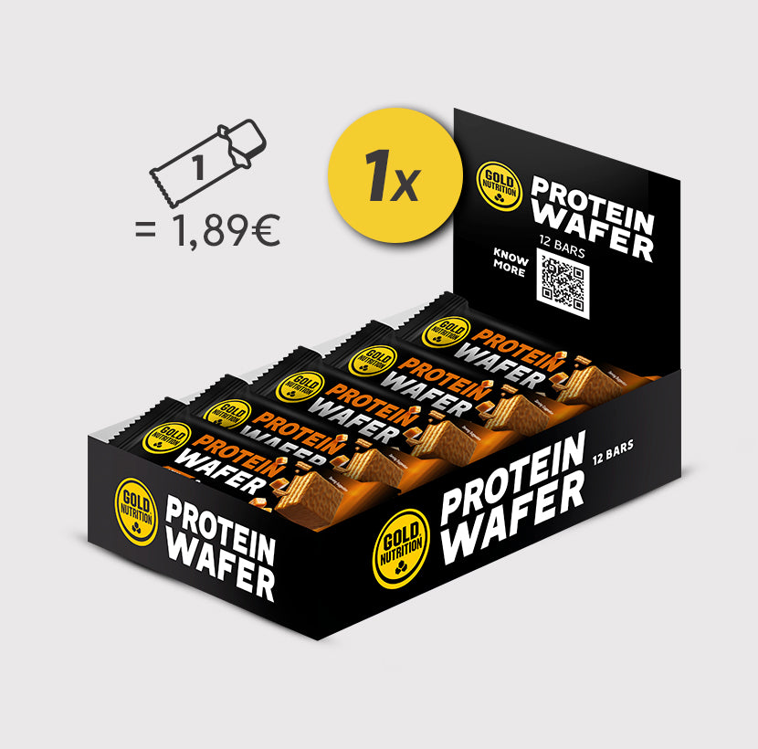 Barra de wafer de proteína GoldNutrition com recheio de caramelo, exibida em caixa. Produto saudável e saboroso.