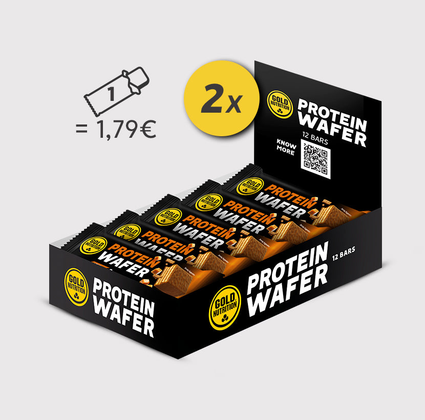 Duas caixas de barra de wafer de proteína GoldNutrition com sabor caramelo, exibindo as barras embaladas.