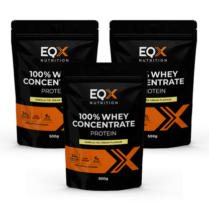 Pack EQX 100% Whey Concentrate Protein Vanilla Ice Cream com 3 embalagens de 500 g, 1,5kg no total.