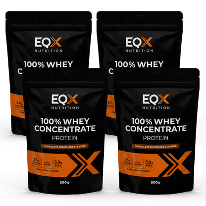 Pack EQX 100% Whey Concentrate Protein Chocolate Milkshake com 4 embalagens de 500 g, 2kg no total.