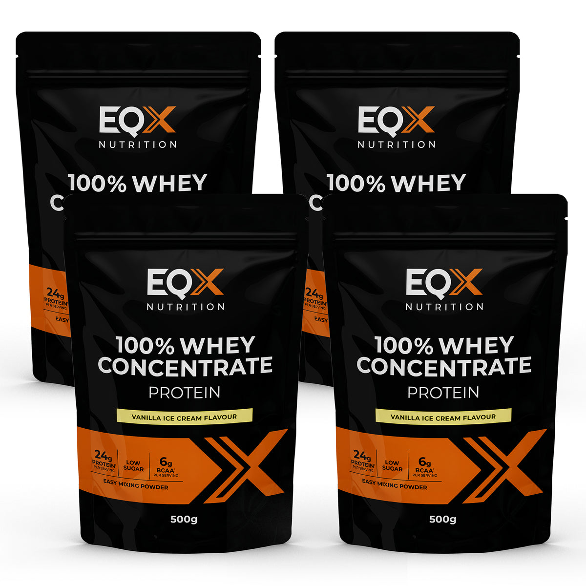 Pack EQX 100% Whey Concentrate Protein Vanilla Ice Cream com 4 embalagens de 500 g, 2kg no total.