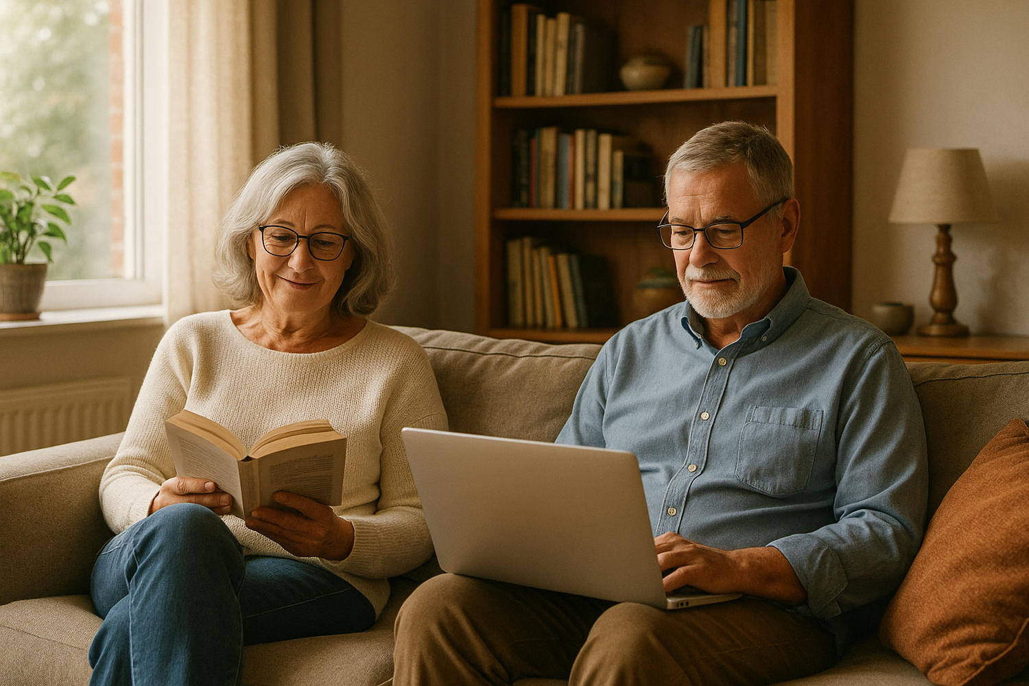 65 year old couple at home. One is reading a book and the other one is working on a laptop