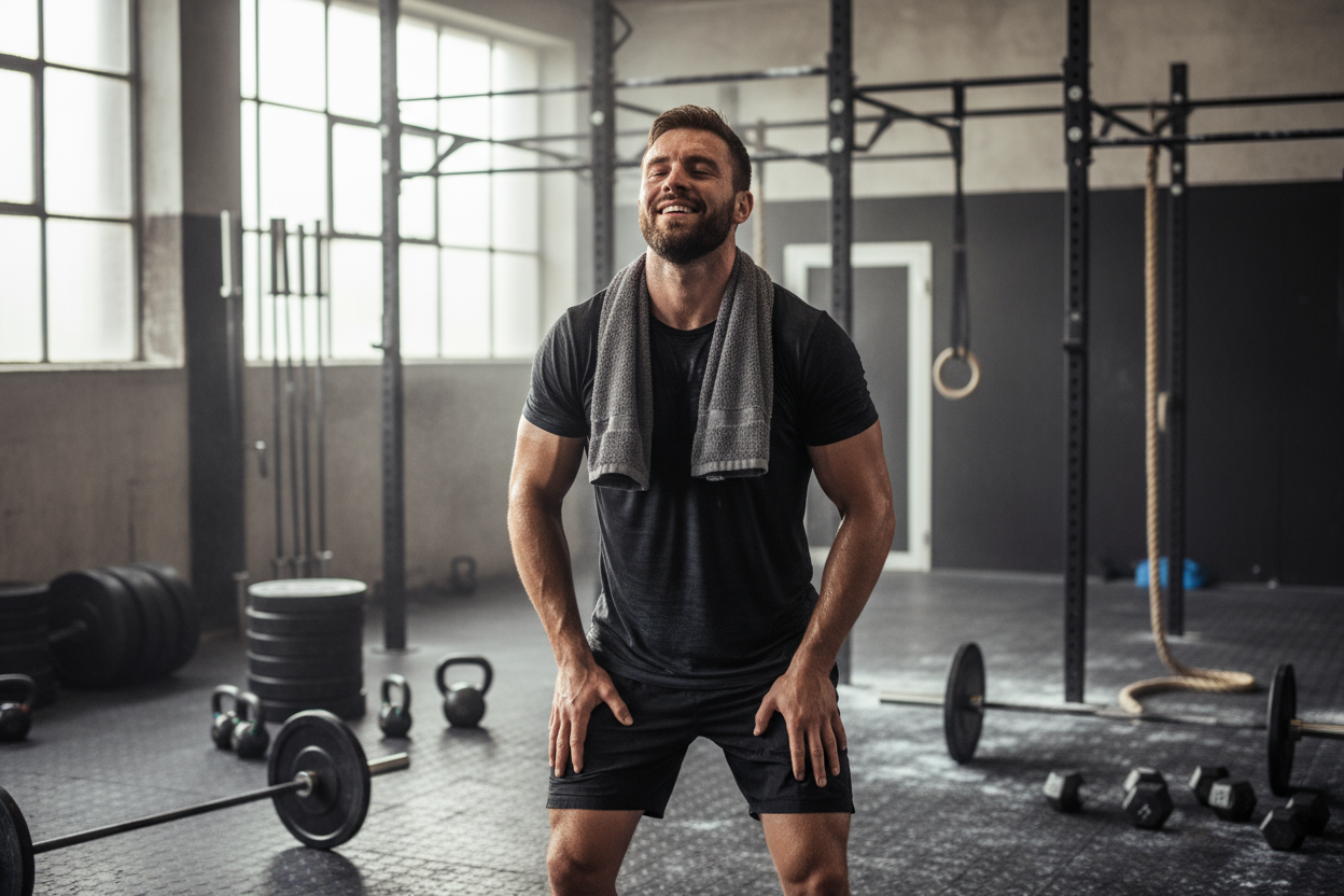 athlete at the end of his crossfit training. he is still on the crossfit box and sweating
