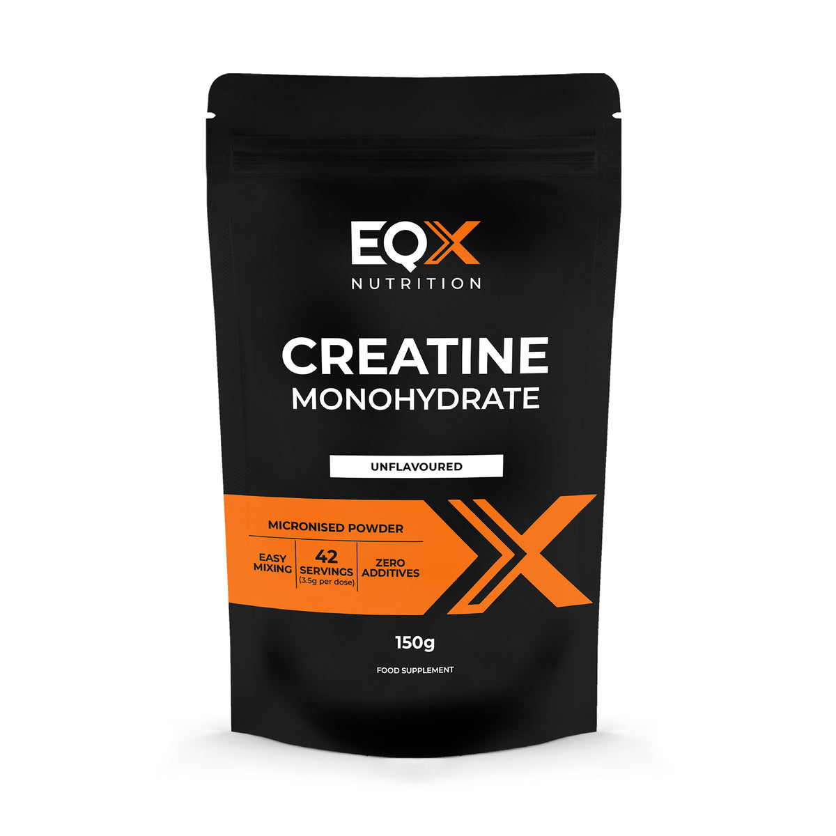 Embalagem EQX Creatine Monohydrate 150 g, creatina monohidratada micronizada sem sabor.