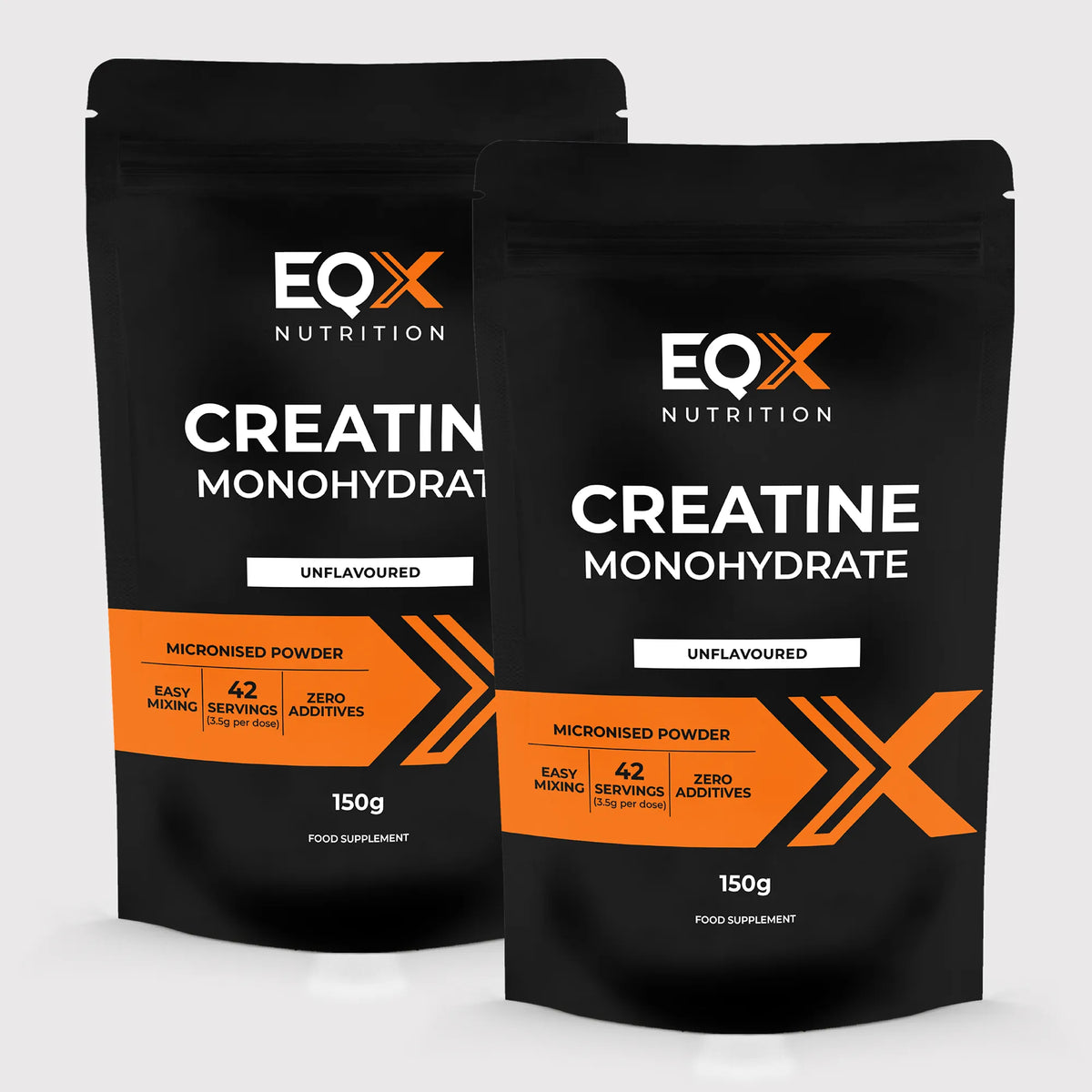 Embalagem EQX Creatine Monohydrate 2x150 g, creatina monohidratada micronizada sem sabor, vista frontal.