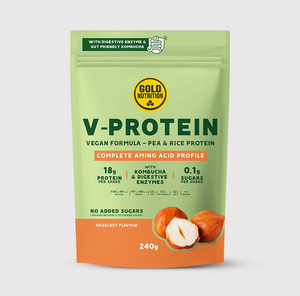 Pote de V-Protein da GoldNutrition com pó de proteína em recipiente branco com rótulo colorido.