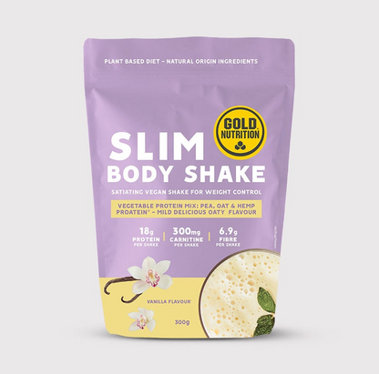 Shake Slim Body GoldNutrition em pote, com sabor de baunilha, mostrando a embalagem de pó para emagrecimento.