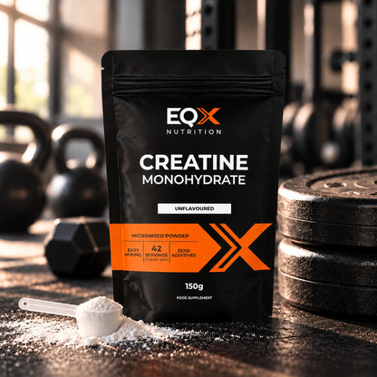 EQX Creatine Monohydrate Unflavoured 150 g pack with a scoop of creatine powder and gym weights.