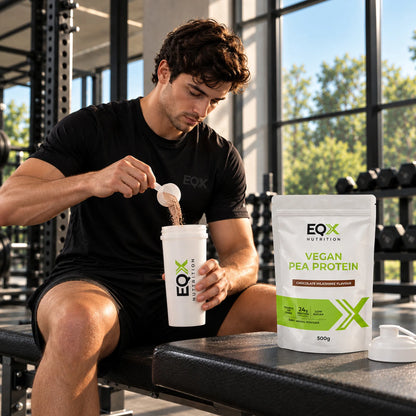 Man preparing an EQX Vegan Pea Protein Chocolate Milkshake protein shake at the gym.