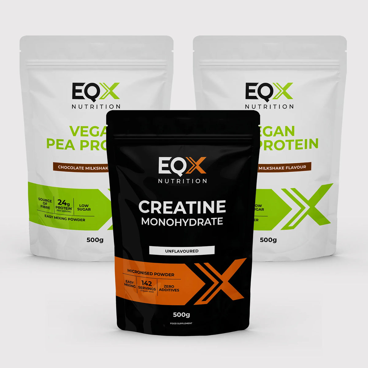 EQX Vegan Performance Pack com proteína de ervilha Chocolate Milkshake 2 × 500 g e creatina sem sabor 500 g.
