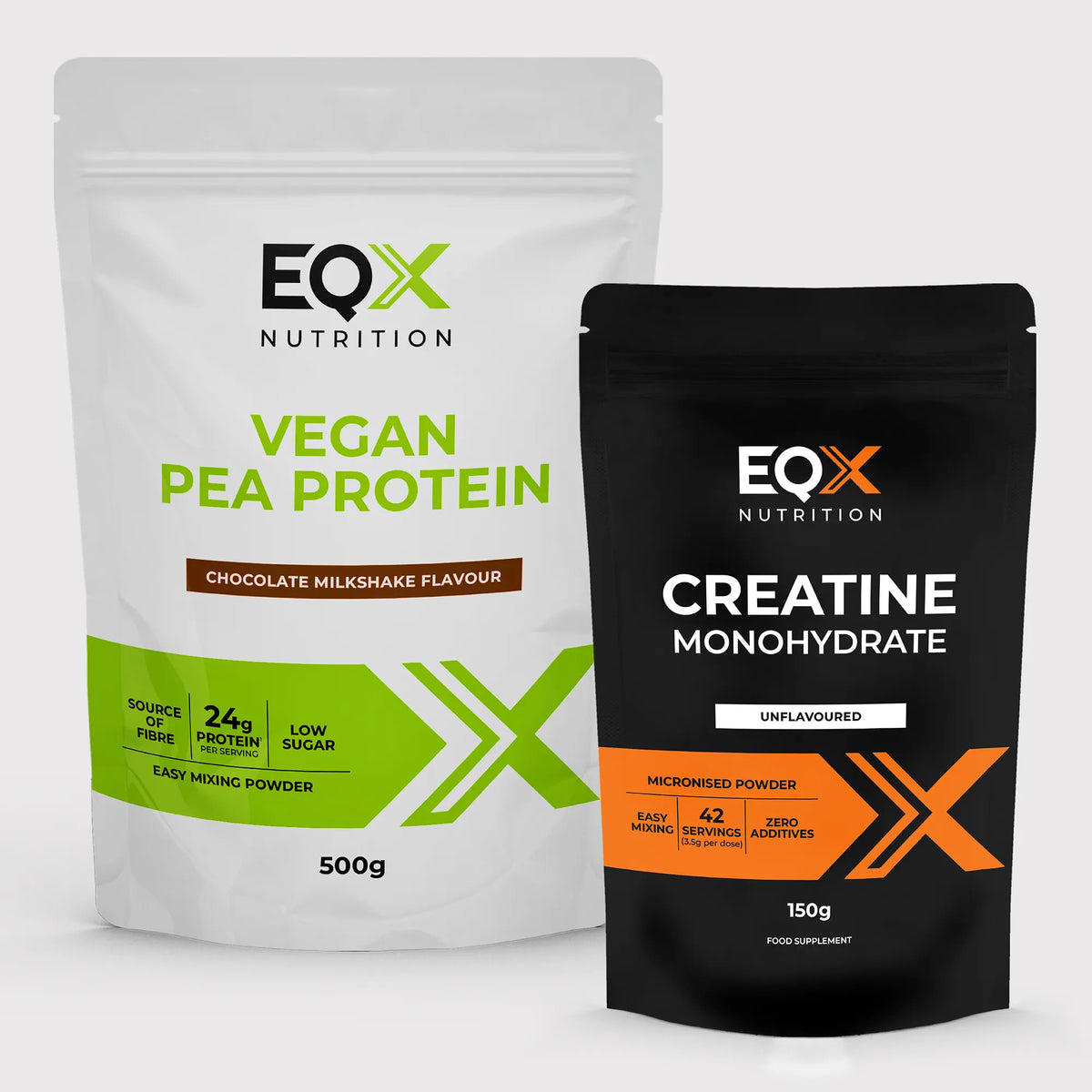 EQX Vegan Starter Pack com proteína de ervilha Chocolate Milkshake 500 g e creatina sem sabor 150 g.