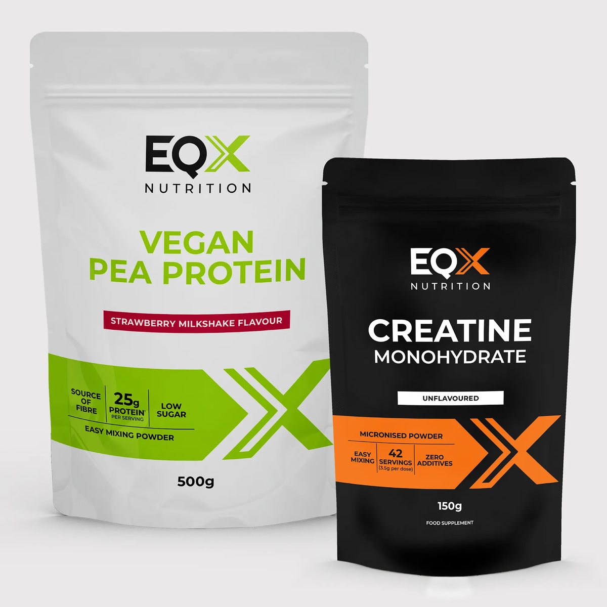 EQX Vegan Starter Pack com proteína de ervilha Strawberry Milkshake 500 g e creatina sem sabor 150 g.