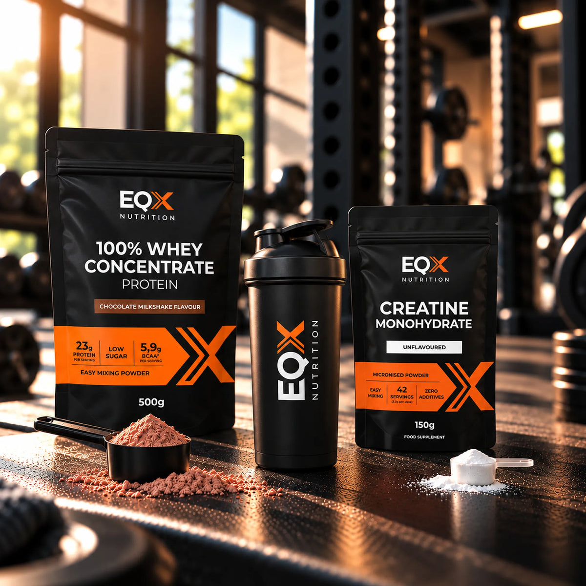 Proteína whey EQX Chocolate Milkshake 500 g, creatina sem sabor 150 g e shaker EQX numa bancada de ginásio.