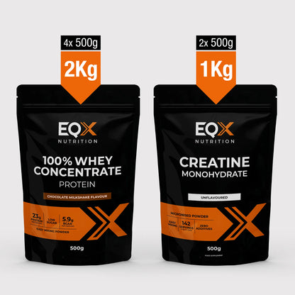 EQX Whey Max Pack com proteína whey Chocolate Milkshake 4 × 500 g e creatina sem sabor 2 × 500 g.