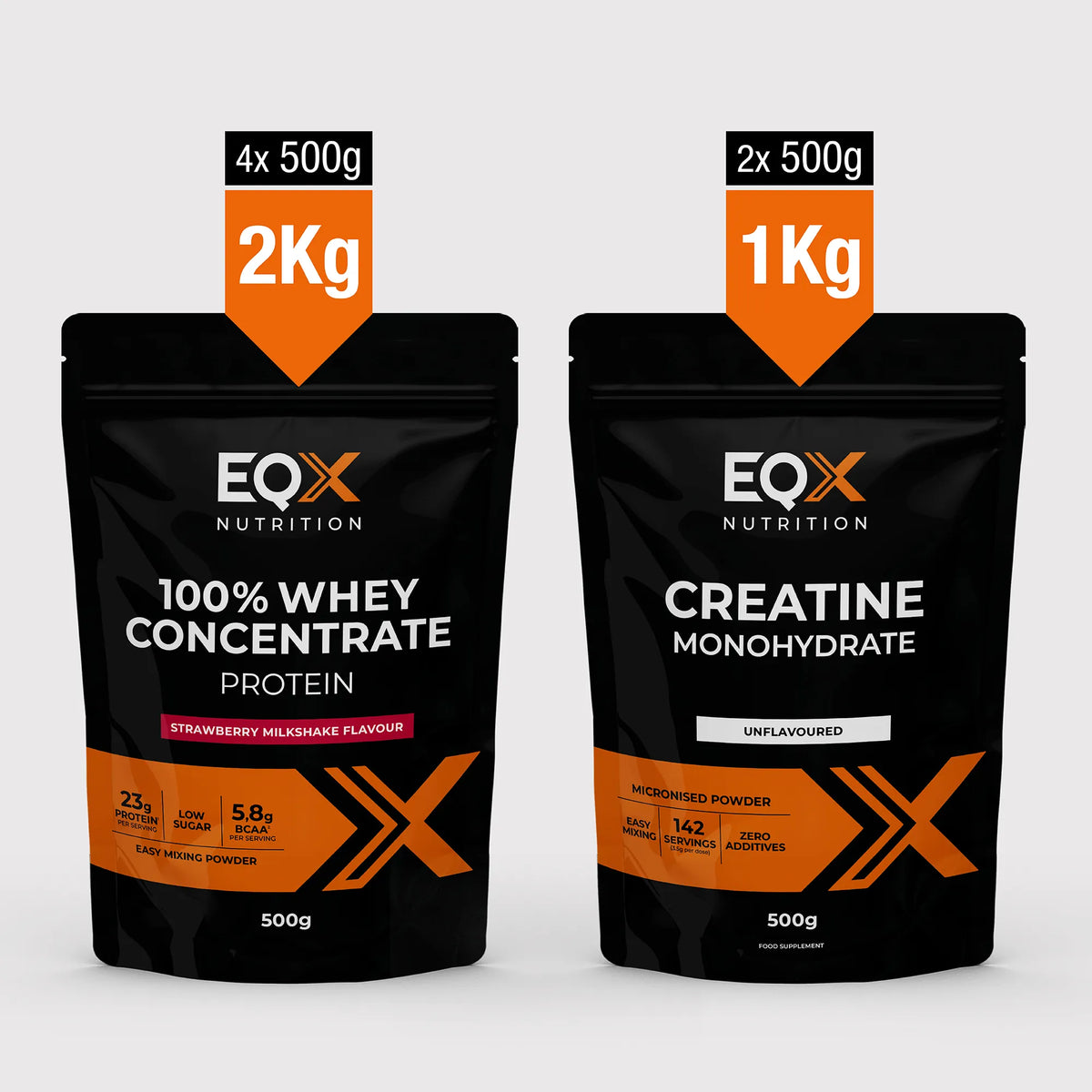 EQX Whey Max Pack com proteína whey Strawberry Milkshake 4 × 500 g e creatina sem sabor 2 × 500 g.