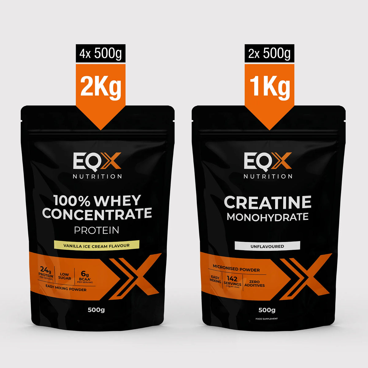 EQX Whey Max Pack com proteína whey Vanilla Ice Cream 4 × 500 g e creatina sem sabor 2 × 500 g.