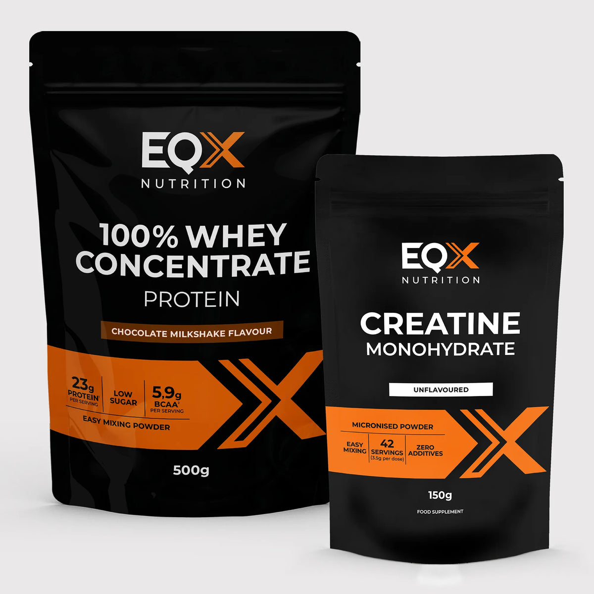 EQX Whey Starter Pack com proteína whey Chocolate Milkshake 500 g e creatina sem sabor 150 g.