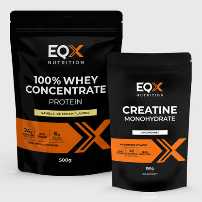 EQX Whey Starter Pack com proteína whey Vanilla Ice Cream 500 g e creatina sem sabor 150 g.