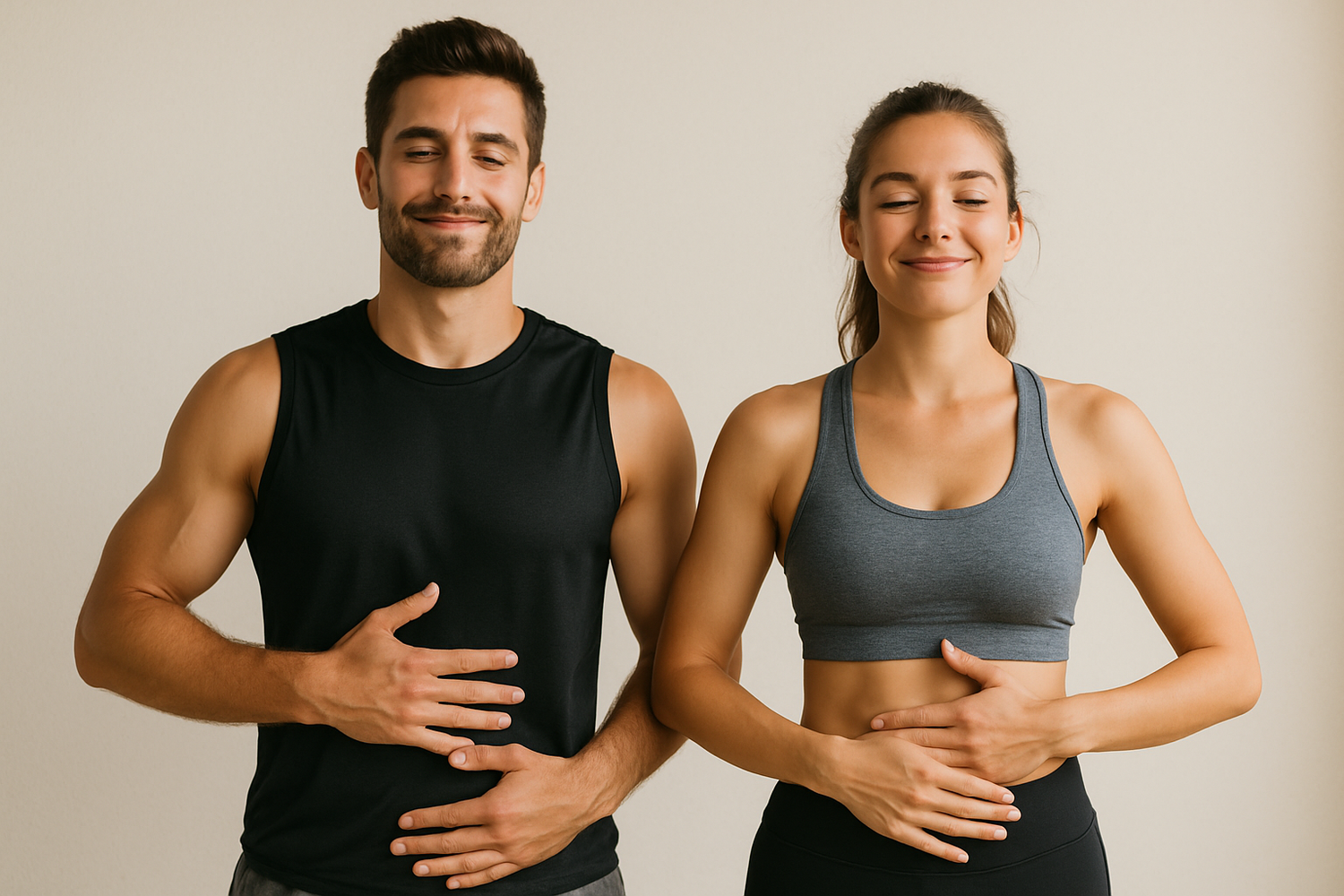 man and woman with their hands on their stomach feeling good. they are athletic