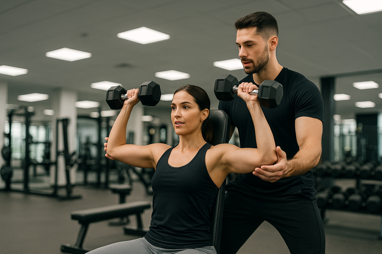 Personal Trainer helping a woman in shoulder press 