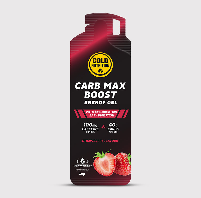 Gelar de energia Carb Max Boost de GoldNutrition com sabor morango, embalagem prática para atletas durante atividades físicas.
