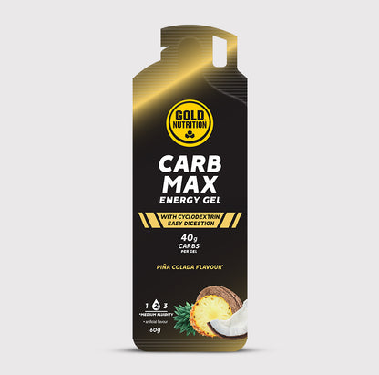 Gel de energia Carb Max GoldNutrition sabor Pina Colada, embalagem de 325g com o produto aberto e o gel visível
