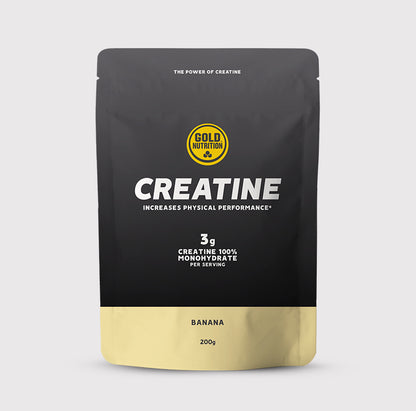 Creatina monohidratada GoldNutrition sabor banana, pó branco para suplementação de desempenho esportivo