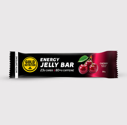 Barras de gel Jelly Bar de cereja com cafeína da GoldNutrition, apresentando embalagem e sabor cereja.