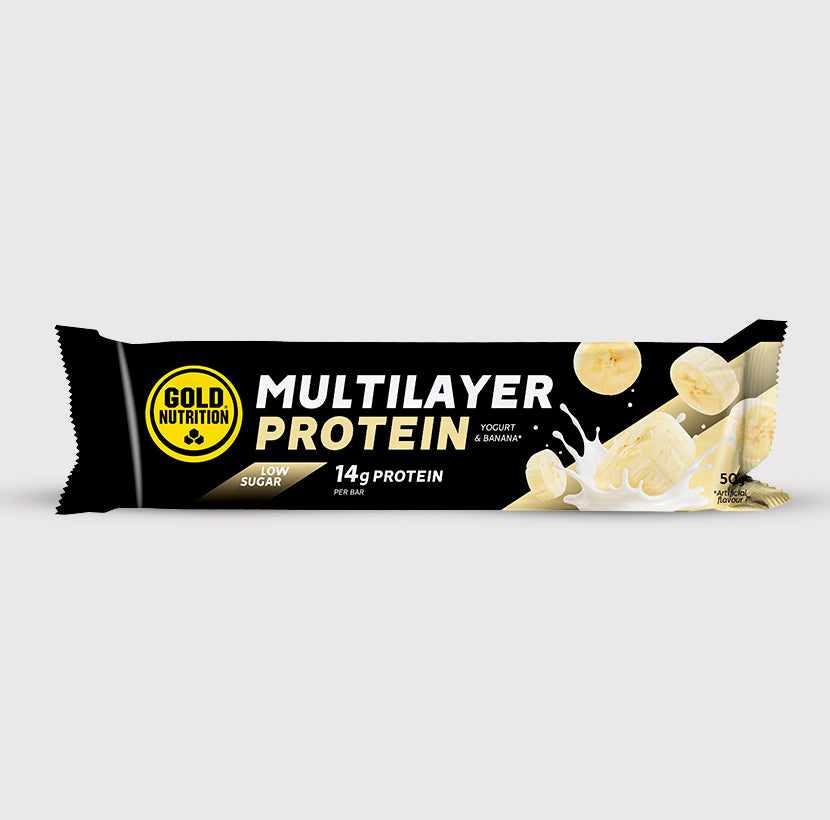 Barra de proteína multilayer GoldNutrition sabor banana, com várias camadas, ideal para reforçar a alimentação saudável.