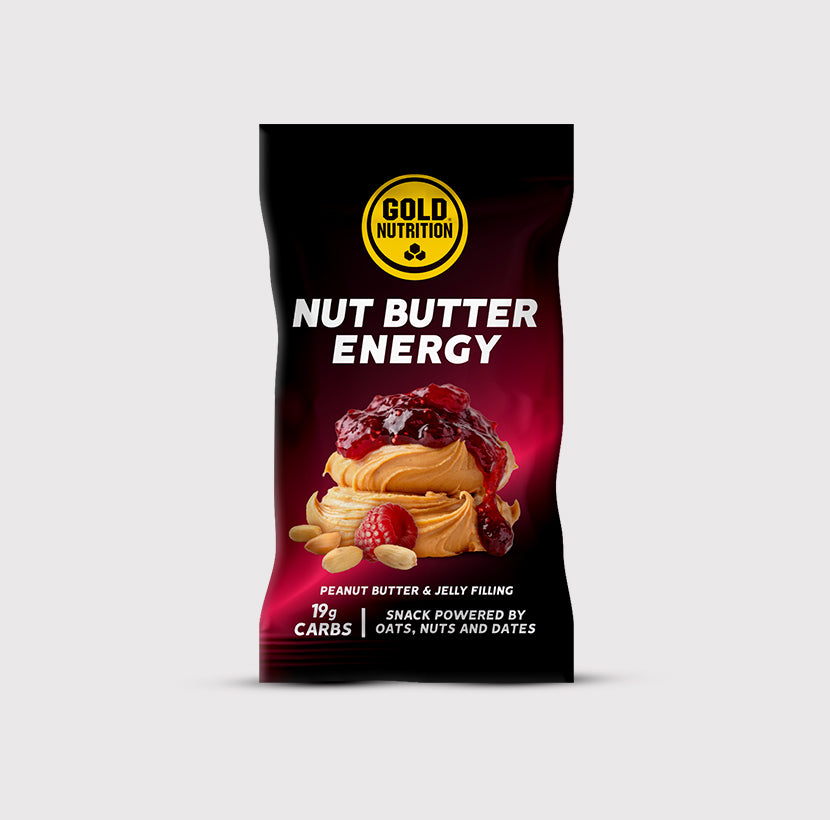 Manteiga de amendoim energizante GoldNutrition com textura cremosa e sabor de geleia, ideal para lanches nutritivos.