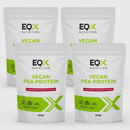 Embalagem EQX Vegan Pea Protein Strawberry Milkshake 4x500 g, vista frontal
