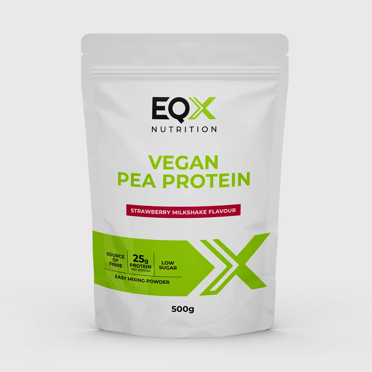 Embalagem EQX Vegan Pea Protein Strawberry Milkshake 500 g, vista frontal