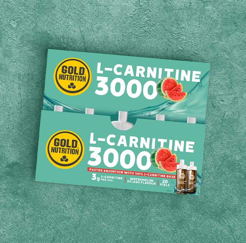 Cajas de Gold Nutrition L-Carnitine 3000 con sabor a sandía, destacando absorción rápida y 3 g de L-carnitina por vial
